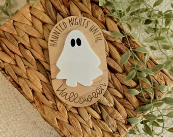 May include: A wooden Halloween decoration with a white ghost cutout and the text "Haunted Nights Until Halloween." The decoration is placed on a woven basket and surrounded by green foliage.
