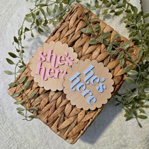 he&#39;s here she&#39;s here birth announcement sign newborn name sign new baby gender reveal birth stat hospital name sign wooden baby shower gift