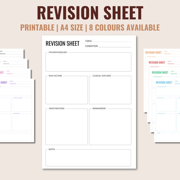 Revisionsblatt für Medizin, Revisionsblatt für die Krankenpflege, minimalistische Revisionsvorlage, Übersichtsblatt für Revisionen für Medizin- und Pflegestudierende