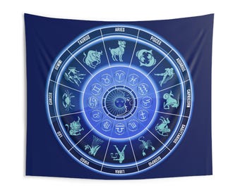 Tapiz de pared interior con la rueda del zodíaco y signos del horóscopo azul