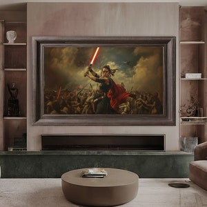 Peut inclure: Une peinture encadrée représentant une femme en cape rouge tenant un sabre laser, debout devant une scène de bataille. La peinture est accrochée à un mur dans un salon moderne.