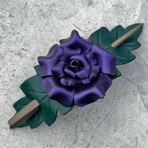 Purple rose leather ponytail holder. Small hair slide, shawl pin or scarf clasp. Shimmering flower leather accessory with wooden stick.