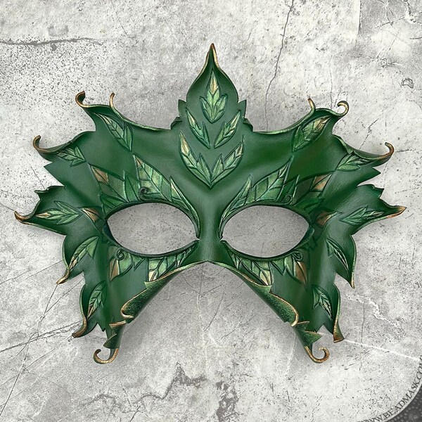 Green woman leather mask for nature spirit or forest dryad costume. Mythic Greenman fantasy leaf mask in woodland greens. IN STOCK NOW