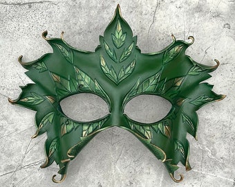 Green woman leather mask for nature spirit or forest dryad costume. Mythic Greenman fantasy leaf mask in woodland greens. IN STOCK NOW