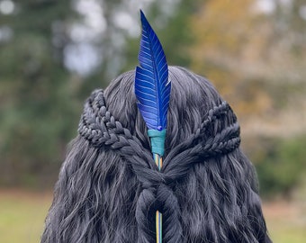 Vibrantly colored wooden hair stick with bold blue leather feather. Dramatic mixed media hair pin for woman with long hair, messy bun maker.