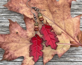 Scarlet red oak leaf leather dangle earrings with jasper stone accents. Autumn leaves botanical jewelry for tree huggers. Nature lover gift.