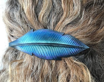 Handcrafted leather barrette: iridescent magpie, raven or crow feather with quality French clip.