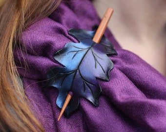 Purple and blue leather shawl pin. Leather ponytail holder with wooden stick. Fantasy oak leaf in shimmering indigo & violet, Gifts under 30