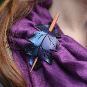 Fantasy oak leaf leather shawl pin: shimmering indigo & purple ponytail holder.