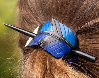 Hand painted leather blue jay feather shawl pin or ponytail holder. Small hair cuff or scarf clasp for bird watcher or nature lover.