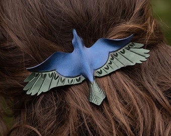 Hand painted raven leather hair barrette with high quality French clip for long hair. Soaring crow hair accessory in iridescent blue green.