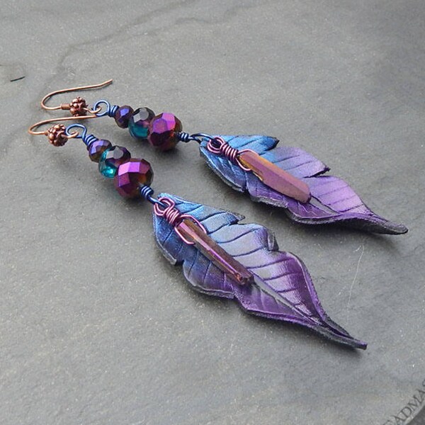 Shoulder duster ombre earrings with purple & blue leather feathers and titanium quartz crystals.