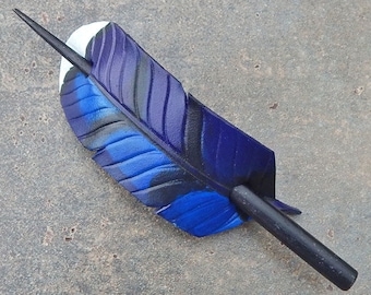 Blue jay feather leather hair stick barrette. Medium hair slide or shawl pin with wooden hairpin. Woodland accessory, gift for bird watcher.