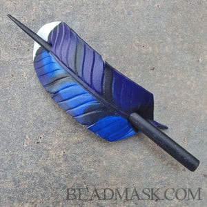 Blue jay feather leather hair stick barrette. Medium hair slide or shawl pin with wooden hairpin. Woodland accessory, gift for bird watcher.