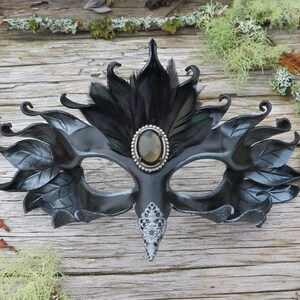 Leather raven mask for Halloween or ren faire garb. Wearable art, mixed media crow mask. Black bird or dark fairy costume.