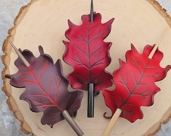 Red oak leaf leather hair slide in burgundy, scarlet or autumn red. Long hair accessories for nature lover, 3rd anniversary gift for wife.