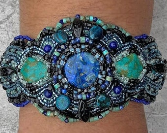 Elaborate beaded cuff bracelet with genuine turquoise, azurite malachite, and vintage French jet. Bohemian style beaded statement jewelry.