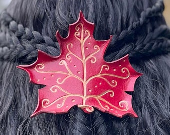 Scarlet red maple leaf barrette with whimsical spirals & quality French clip. Handmade leather leaf hair clip for fairy cosplay or ren faire