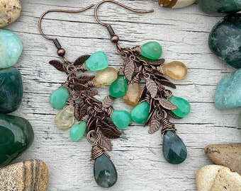 Moss agate & green chrysoprase gemstone cluster earrings with hessonite garnet. Natural stone teardrop dangle earrings with copper leaves.