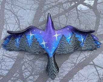 Starry night raven leather French barrette with celestial sky. Forest crow hair clip for bird watchers, star gazers, and woodland wanderers