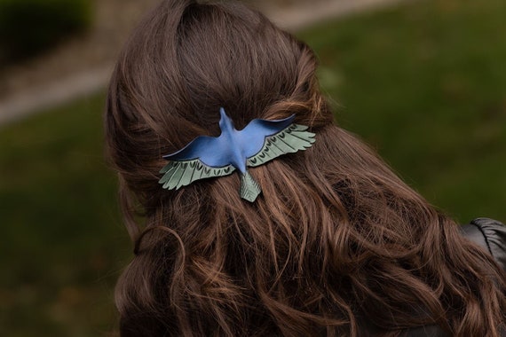 Hand Painted Leather Hair Barrette: Iridescent Raven With 