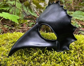 Black raven leather masquerade mask for adult Halloween costume. Spooky handmade wearable art bird mask for masked ball, ren faire or LARP.