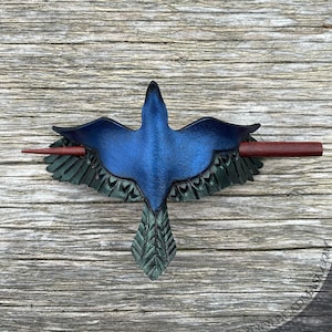 Tooled leather raven hair pin or stick barrette with wooden hairstick. Iridescent crow hair accessory, corvidcore gift for bird watcher. image 6