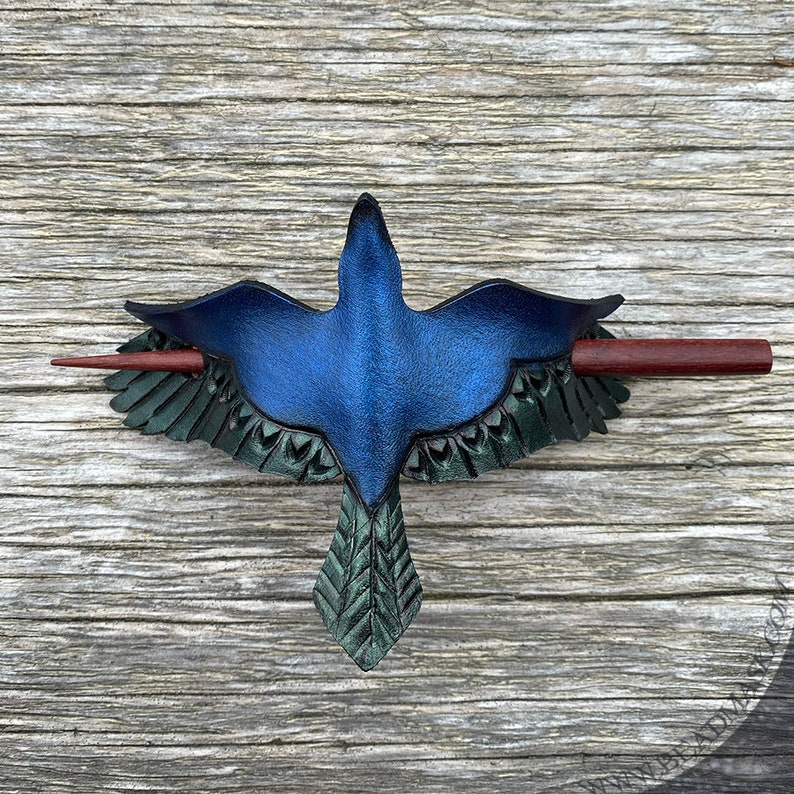 Tooled leather raven hair pin or stick barrette with wooden hairstick. Iridescent crow hair accessory, corvidcore gift for bird watcher. image 6