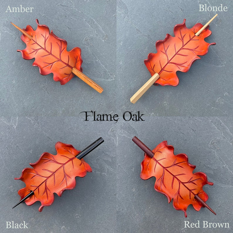 Autumn oak leaf leather hair stick barrette in your choice of brown, orange or gold. Woodland hair slide for tree huggers, nature lover gift image 3