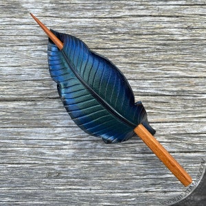 Iridescent crow feather leather hair slide or stick barrette. Hand painted raven black bird hair accessory. Gothic style gift for long hair. image 3