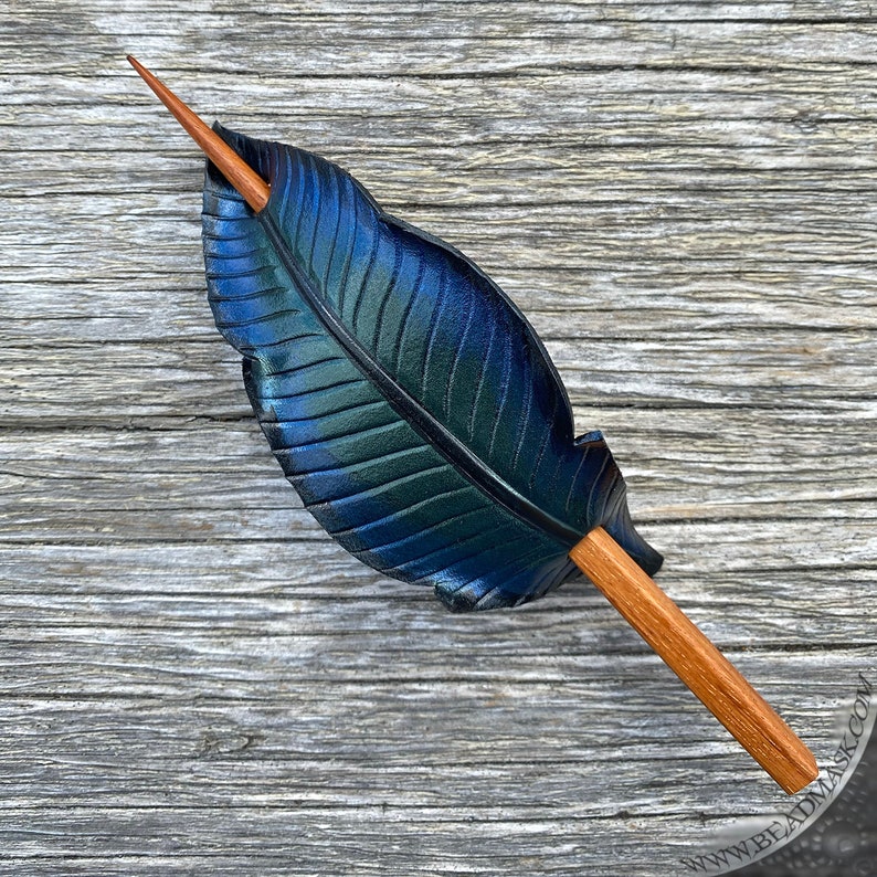 Iridescent crow feather leather hair slide or stick barrette. Hand painted raven black bird hair accessory. Gothic style gift for long hair. image 3