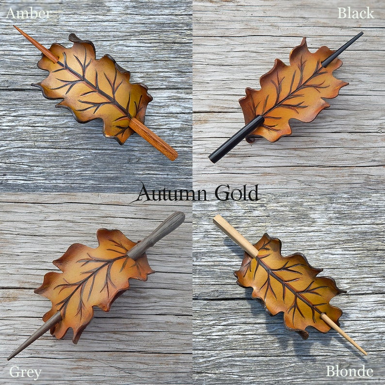 Autumn oak leaf leather hair stick barrette in your choice of brown, orange or gold. Woodland hair slide for tree huggers, nature lover gift image 4