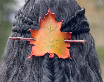 Turning maple leaf leather hair stick barrette in autumn hues. Leather hair slide with artisan crafted turned wood hair pin in fall colors.