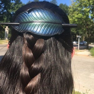 Iridescent crow feather leather hair slide or stick barrette. Hand painted raven black bird hair accessory. Gothic style gift for long hair. image 2