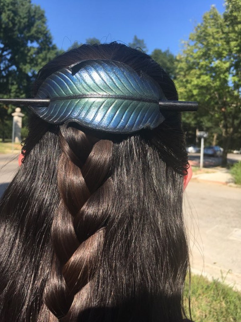 Iridescent crow feather leather hair slide or stick barrette. Hand painted raven black bird hair accessory. Gothic style gift for long hair. image 2