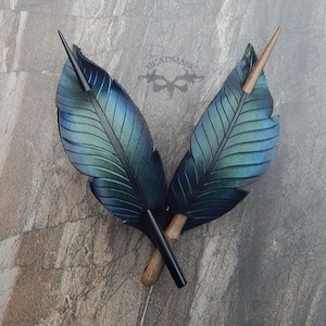 Iridescent crow feather leather hair slide or stick barrette. Hand painted raven black bird hair accessory. Gothic style gift for long hair.