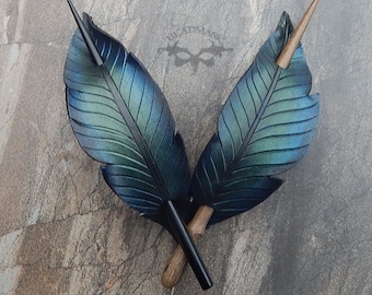 Iridescent crow feather leather hair slide or stick barrette. Hand painted raven black bird hair accessory. Gothic style gift for long hair.