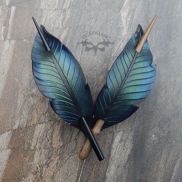 Iridescent crow feather leather hair slide or stick barrette. Hand painted raven black bird hair accessory. Gothic style gift for long hair.