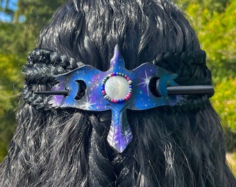 Triple moon raven leather hair stick barrette with beaded mother of pearl full moon. Galaxy crow hair accessory with celestial night sky.