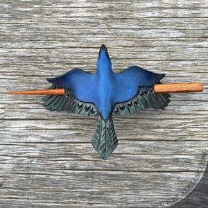 Tooled leather raven hair pin or stick barrette with wooden hairstick. Iridescent crow hair accessory, corvidcore gift for bird watcher. image 4