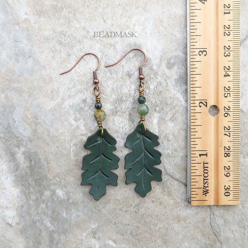 dark green leather oak leaf earrings with entire copper wirework featuring moss agate and bloodstone gemstone beads