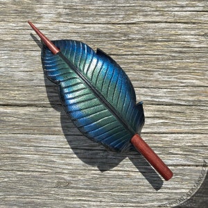 Iridescent crow feather leather hair slide or stick barrette. Hand painted raven black bird hair accessory. Gothic style gift for long hair. image 5