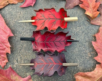 Red oak leaf leather ponytail holder with wood stick ~ choose from 3 shades. Hand painted autumn oak leaves for hair accessory or shawl pin.
