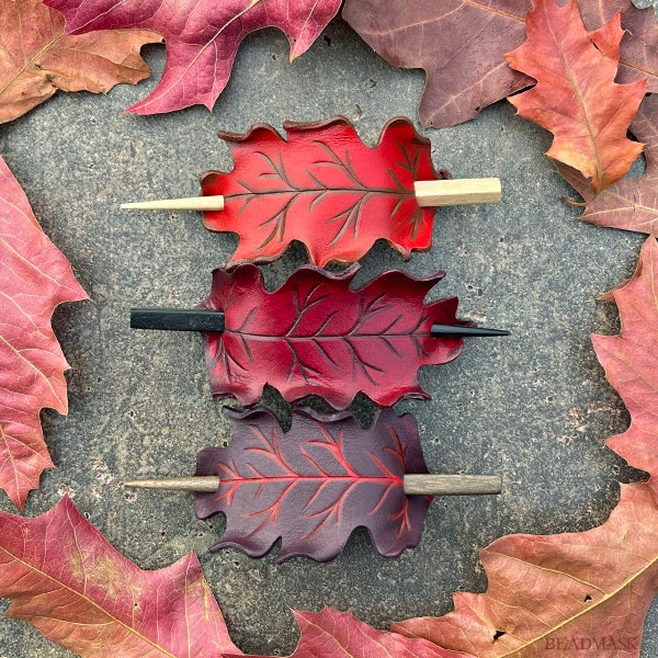 Red oak leaf leather ponytail holder with wood stick ~ choose from 3 shades. Hand painted autumn oak leaves for hair accessory or shawl pin.