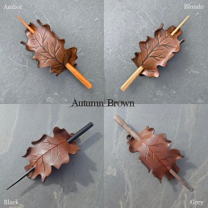 Autumn oak leaf leather hair stick barrette in your choice of brown, orange or gold. Woodland hair slide for tree huggers, nature lover gift image 2