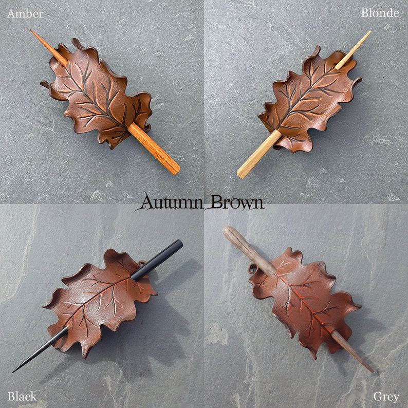 Autumn oak leaf leather hair stick barrette in your choice of brown, orange or gold. Woodland hair slide for tree huggers, nature lover gift image 2