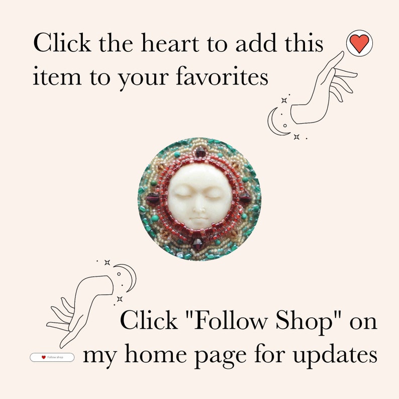 May include: A round, beaded pendant featuring a serene face with closed eyes. The pendant is surrounded by red, green, and gold beads. The image includes text that says, "Click the heart to add this item to your favorites" and "Click 'Follow Shop' on my home page for updates."