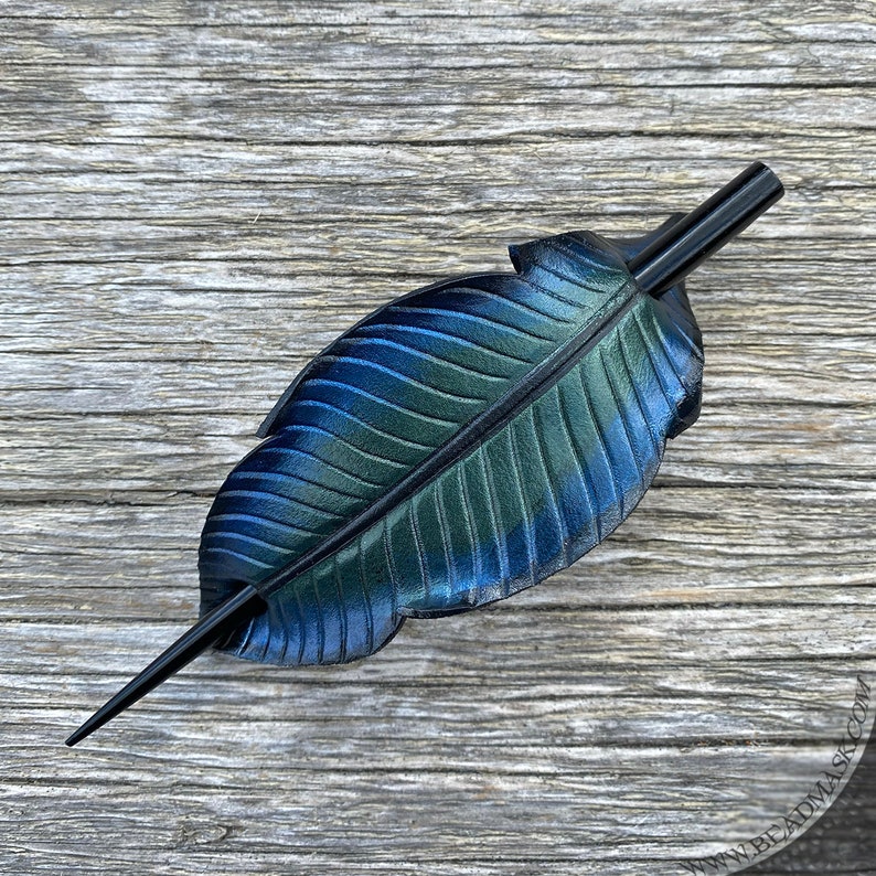 Iridescent crow feather leather hair slide or stick barrette. Hand painted raven black bird hair accessory. Gothic style gift for long hair. image 4