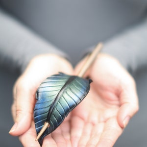 Iridescent crow feather leather hair slide or stick barrette. Hand painted raven black bird hair accessory. Gothic style gift for long hair. image 6