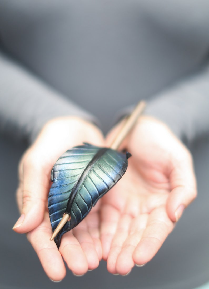 Iridescent crow feather leather hair slide or stick barrette. Hand painted raven black bird hair accessory. Gothic style gift for long hair. image 6